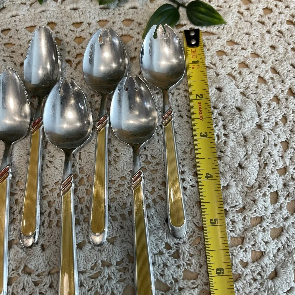 Vintage Mid Century Yellow Plastic Inlay Flatware Spoons Dessert Citrus Sporks
